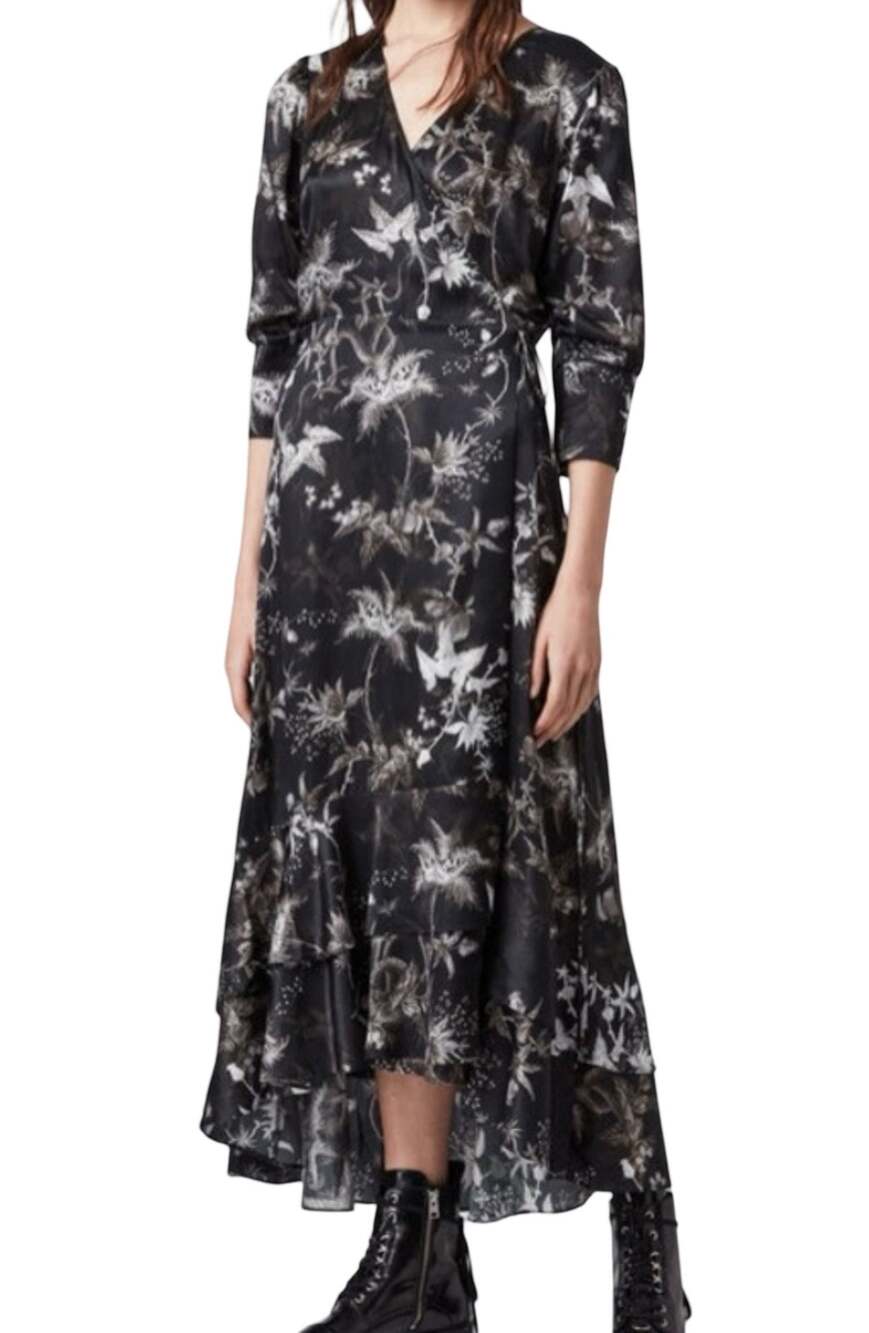 AllSaints Tage Black White Floral Ruffle Silk Blend Evolution Wrap Dress Size S